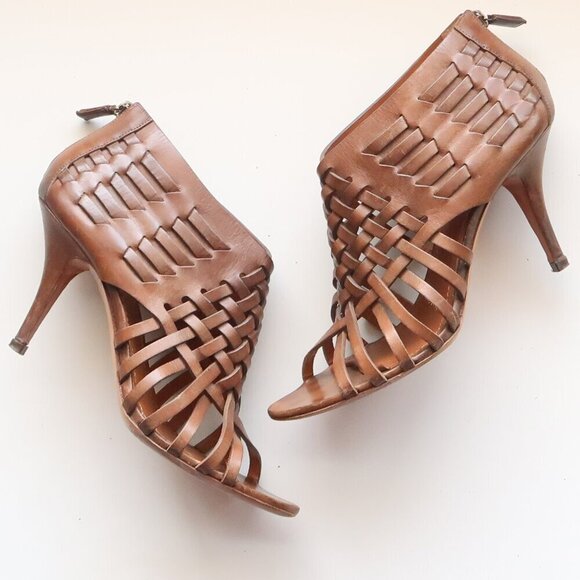 Givenchy Brown Leather Woven Strappy Open Toe Heels Sandals Luxury Bootie Shoes - Picture 1 of 16